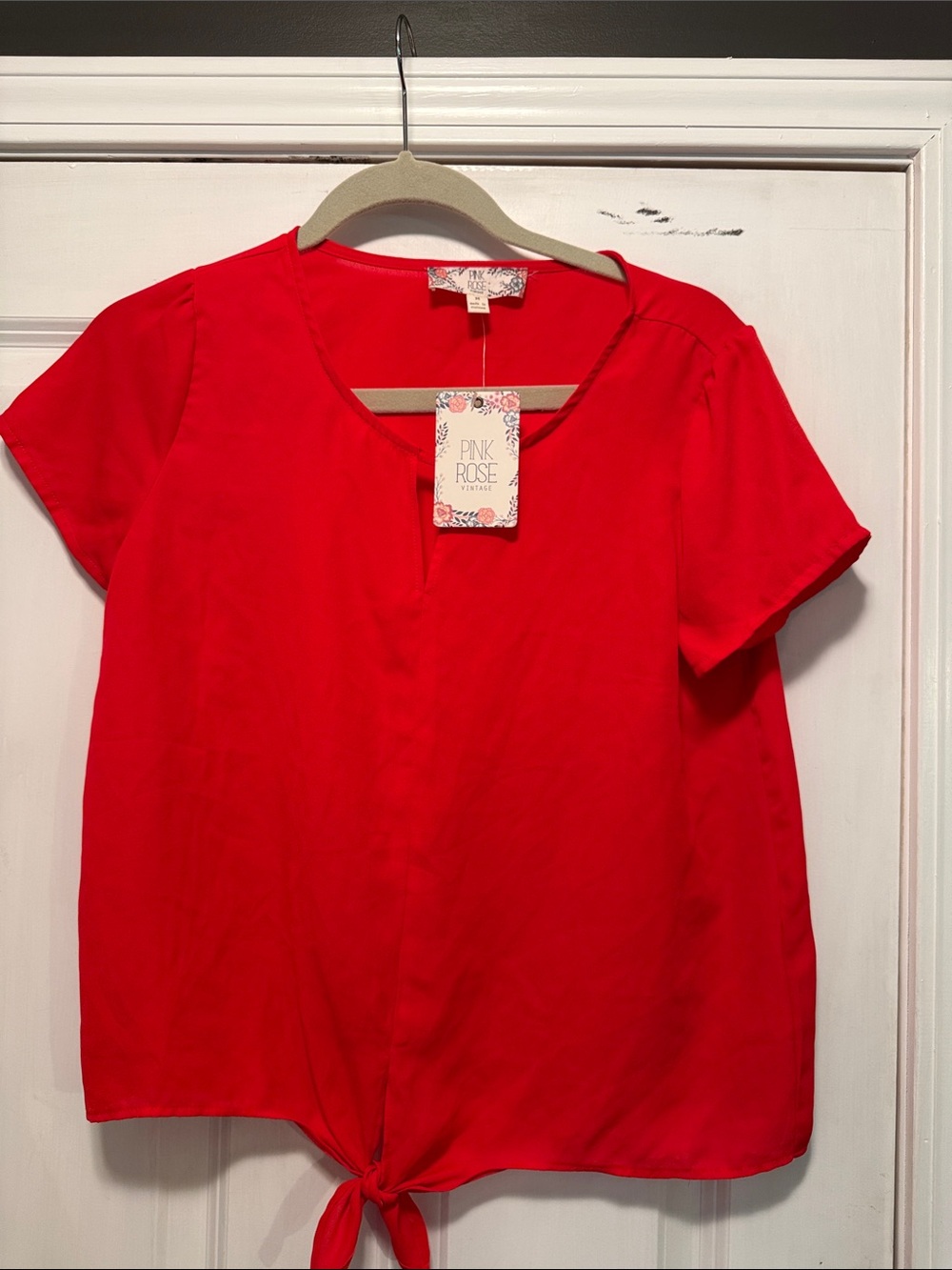 Pink Rose Bright Red Tie-Hem Short Sleeve Crop Top